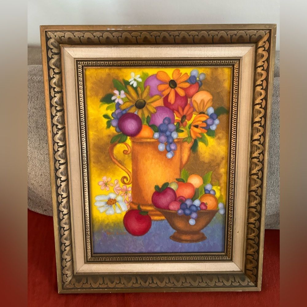 Vintage Still Life Flowers fruit Floral Oil Painting in Thick Gold Frame Ornate